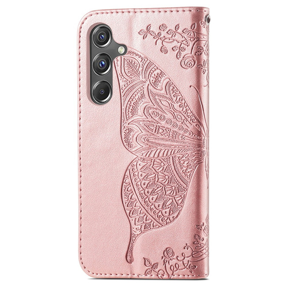 Cu clapetă pentru Samsung Galaxy A15, Butterfly Flower, roz rose gold + sticlă 9H 