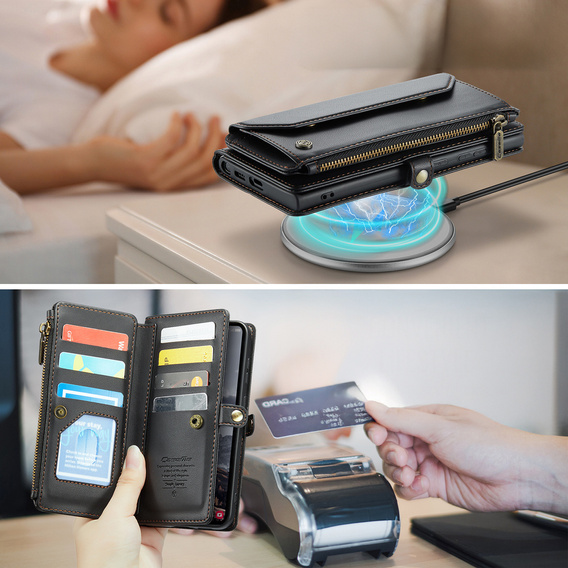 Husă CASEME pentru Samsung Galaxy S25 FE, RFID Leather Wallet, cu curea de umăr, negru