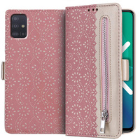 Carcasă cu clapetă pentru Samsung Galaxy A51, Wallet Pocket Zipper Lace, roz