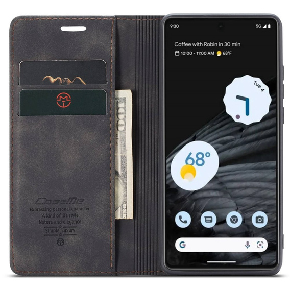 Husa CASEME pentru Google Pixel 7, Leather Wallet Case, negru