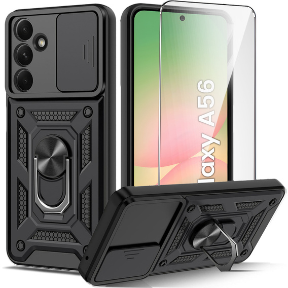 Carcasă blindată pentru Samsung Galaxy A56, CamShield Slide, negru + sticlă călită 9H