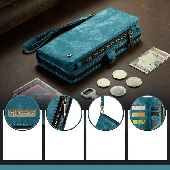 Husă CASEME pentru Samsung Galaxy A56 5G, Retro Leather Wallet, cu curea de umăr, verde