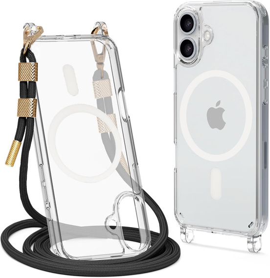 Husă cu lănțișor pentru iPhone 16, ERBORD MagSafe, transparentă + sticlă pentru ecran
