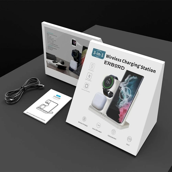Încărcător wireless inductiv 3 în 1 QI rapid pentru Samsung S25 S24 S23 Galaxy Watch Buds Stație albă