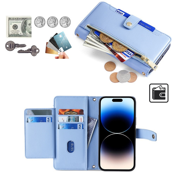 Cu clapetă pentru iPhone 14 Pro Max, Wallet Zipper Pocket, albastru