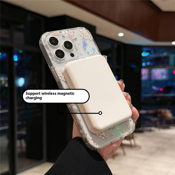 Husă magnetică cu model floral realizat cu laser pentru iPhone 16 Pro