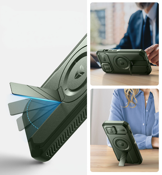 Husă blindată pentru iPhone 15, Dexnor CamProtect MagSafe, verde (Două rame)