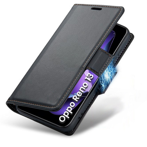 Husă pentru Oppo Reno 13, ERBORD Glossy Litchi, portofel cu clapetă, negru