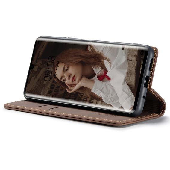 Husa CASEME pentru Huawei P30 Pro, Leather Wallet Case, maro închis