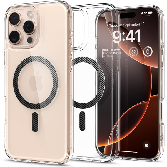 Carcasă MagSafe Spigen pentru iPhone 16 Pro Max, Ultra Hybrid, transparentă + 9H Tempered Glass