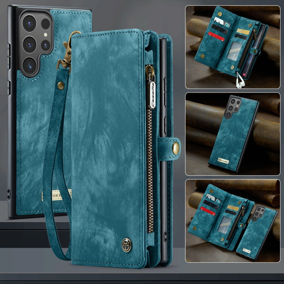 Husă CASEME pentru Samsung Galaxy S25 Ultra, Retro Leather Wallet, cu curea de umăr, verde