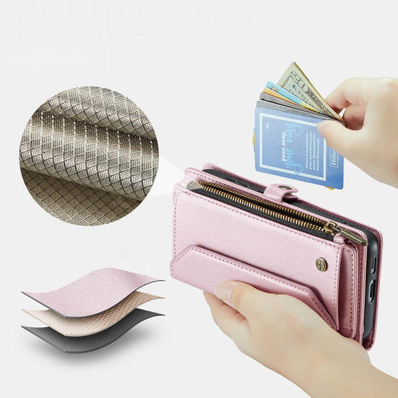 Husă CASEME pentru Samsung Galaxy S25 FE, RFID Leather Wallet, cu curea de umăr, roz