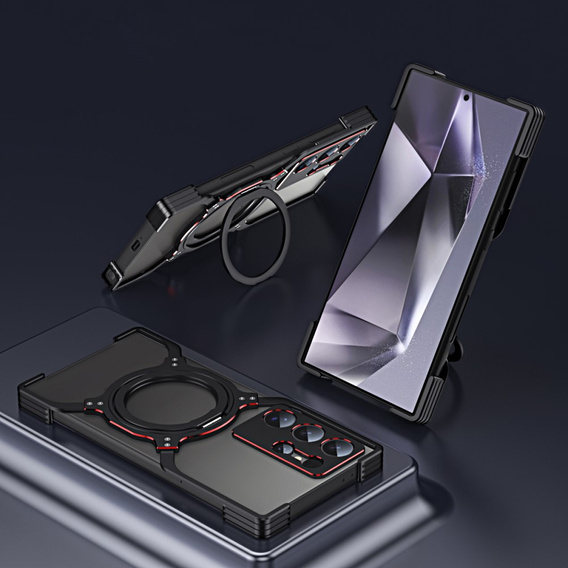 Carcasă pentru Samsung Galaxy S24 Ultra, Kickstand Bumper, cu capac pentru obiectiv, pentru MagSafe, negru / roșu
