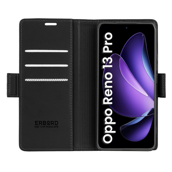 Husă pentru Oppo Reno 13 Pro, ERBORD Glossy Litchi, portofel cu clapetă, negru
