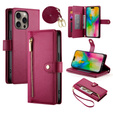 Cu clapetă pentru iPhone 16 Pro Max, Wallet Zipper Pocket, roșu