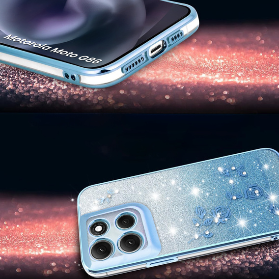 Husă pentru Motorola Moto G86 5G, Glitter Flower, albastru