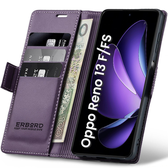Husă pentru Oppo Reno 13F / Oppo Reno 13FS, ERBORD Glossy Litchi, portofel cu clapetă, violet
