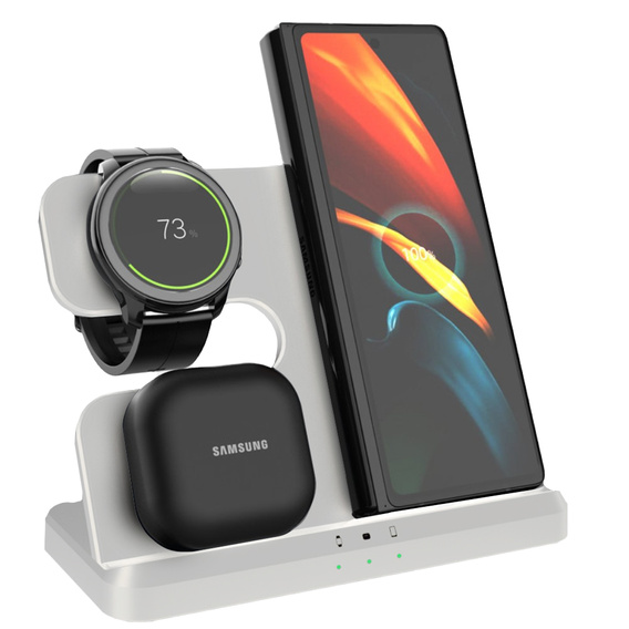 Încărcător wireless inductiv 3 în 1 QI rapid pentru Samsung S25 S24 S23 Galaxy Watch Buds Stație albă