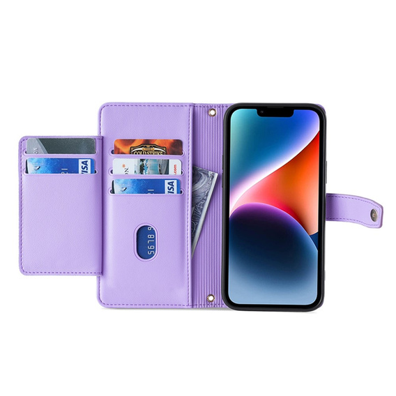 Cu clapetă pentru iPhone 14, Wallet Zipper Pocket, violet