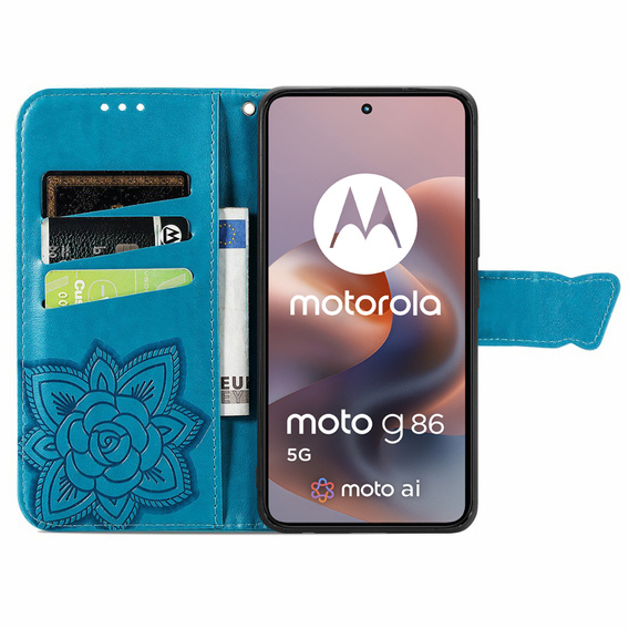 Cu clapetă pentru Motorola Moto G86 5G, Butterfly, albastru
