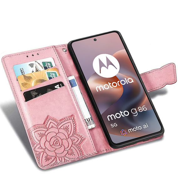 Cu clapetă pentru Motorola Moto G86 Power 5G, Butterfly, roz rose gold