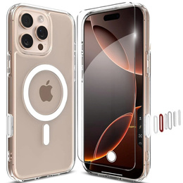 Carcasă ERBORD MagSafe pentru iPhone 16 Pro Max, buton activ, transparentă + Sticlă pentru ecran