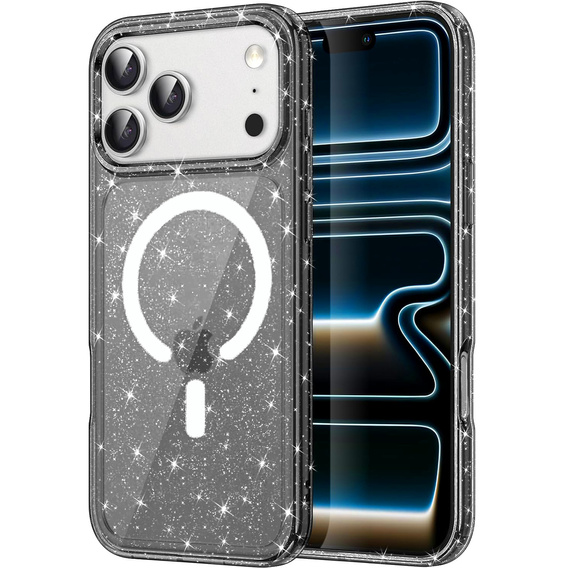 Husă pentru iPhone 17 Pro Max, pentru MagSafe, glitter - negru translucid