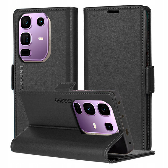 Husă pentru Infinix Note 50 Pro+, ERBORD Glossy Litchi, portofel cu clapetă, negru