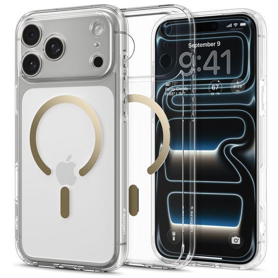 Carcasă Spigen pentru iPhone 17 Pro, Ultra Hybrid MagSafe, transparentă / aurie