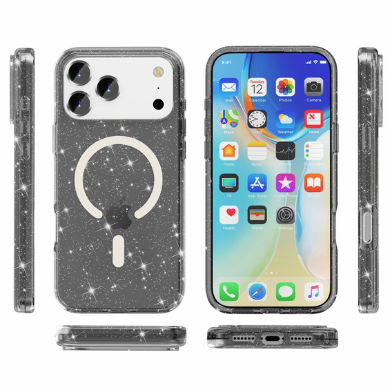 Husă pentru iPhone 17 Pro, pentru MagSafe, glitter - negru translucid