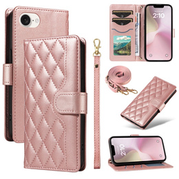 Husă cu clapetă pentru iPhone 16E, Rhombus Crossbody Leather, roz rose gold