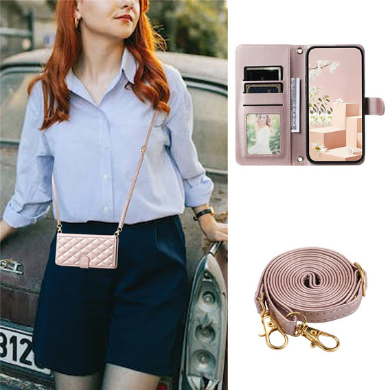 Husă cu clapetă pentru Samsung Galaxy S25 FE, Rhombus Crossbody Leather, roz rose gold