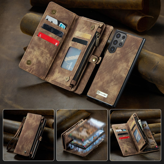 Husă CASEME pentru Samsung Galaxy S25 Ultra, Retro Leather Wallet, cu curea de umăr, maro