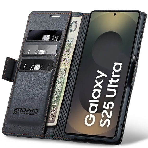 Husă pentru Samsung Galaxy S25 Ultra, ERBORD Glossy Litchi, portofel cu clapetă, negru