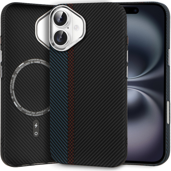 Carcasa pentru iPhone 16, Carbon Fiber MagSafe, negru / albastru