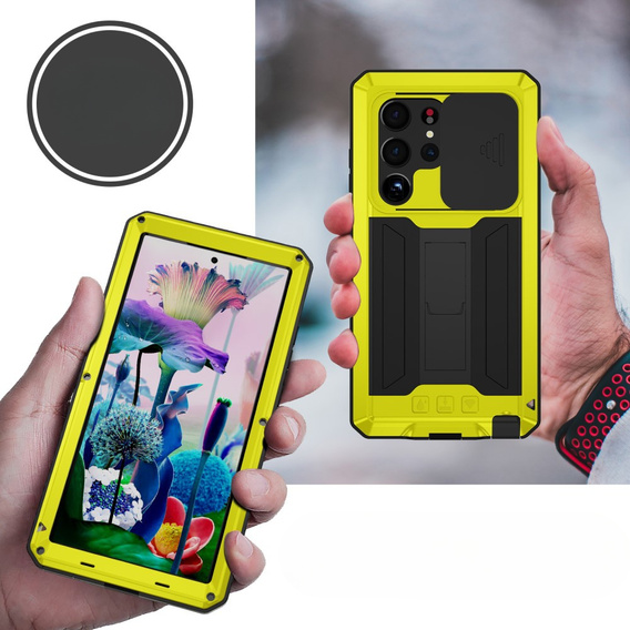 Husă blindată pentru Samsung Galaxy S23 Ultra, R-JUST CamShield Slide, galben