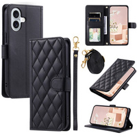 Husă cu clapetă pentru iPhone 16 Plus, Rhombus Crossbody Leather, negru