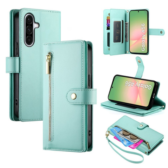 Cu clapetă pentru Samsung Galaxy A56 5G, Wallet Zipper Pocket, verde
