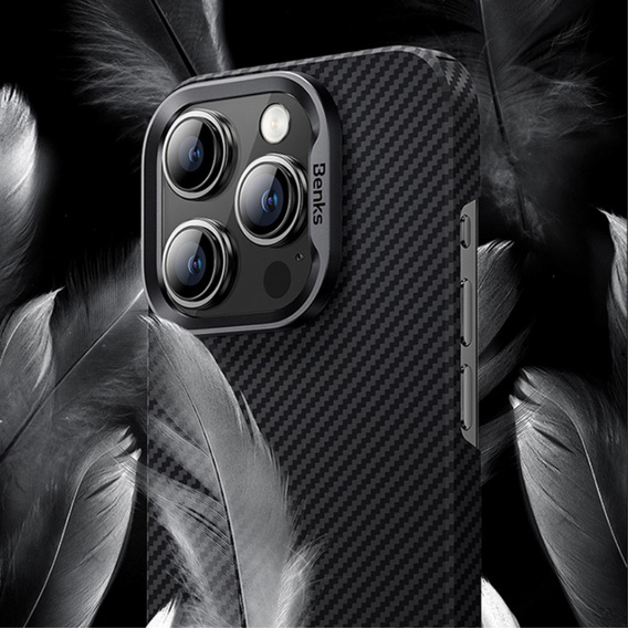 Carcasa BENKS Kevlar pentru iPhone 15 Pro Max, pentru MagSafe, Carbon Fiber, negru