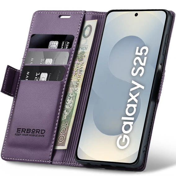 Husă pentru Samsung Galaxy S25, ERBORD Glossy Litchi, portofel cu clapetă, violet