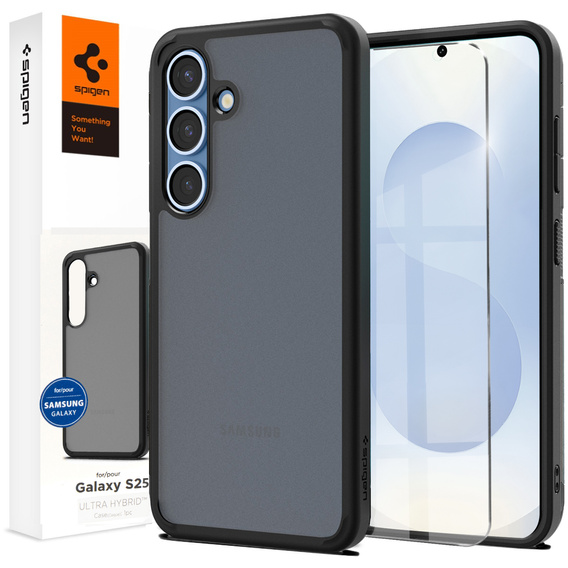 Carcasa Spigen pentru Samsung Galaxy S25+ Plus, Ultra Hybrid, negru / mat + sticlă temperată 9H