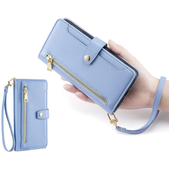 Cu clapetă pentru Xiaomi Poco F6 Pro, Wallet Zipper Pocket, albastru