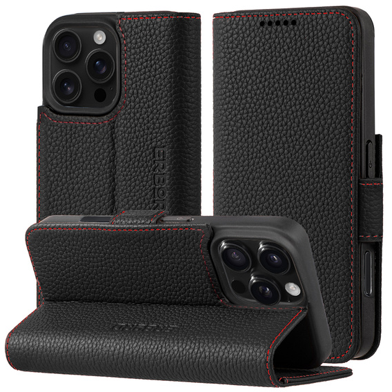 Husă pentru iPhone 16 Pro, ERBORD portofel cu clapetă, negru