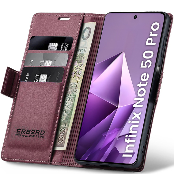 Husă pentru Infinix Note 50 Pro, ERBORD Glossy Litchi, portofel cu clapetă, roșu