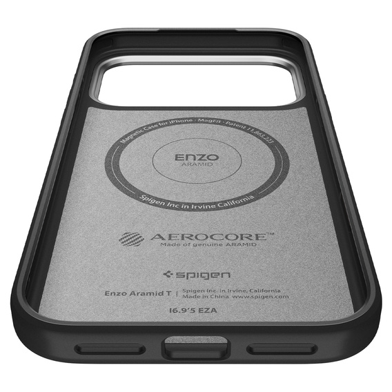 Carcasă Spigen Enzo Aramid MagSafe pentru iPhone 17 Pro Max, negru carbon / argintiu