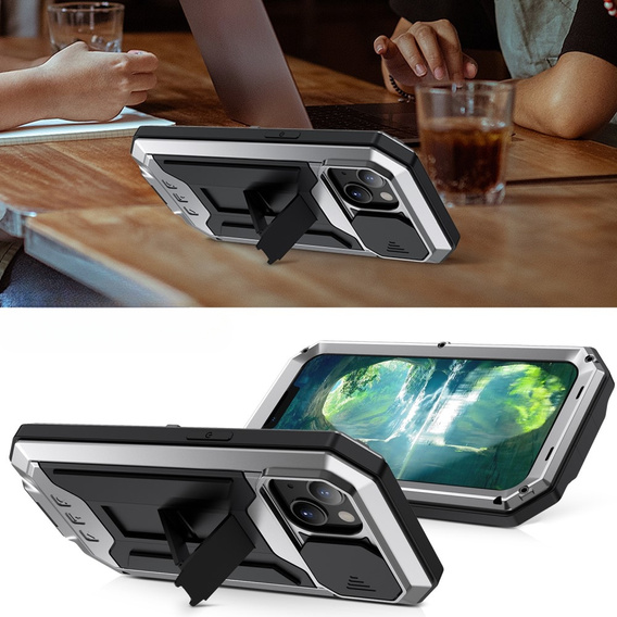 Husă pentru iPhone 13, R-JUST CamShield Slide, armată, de argint / negru