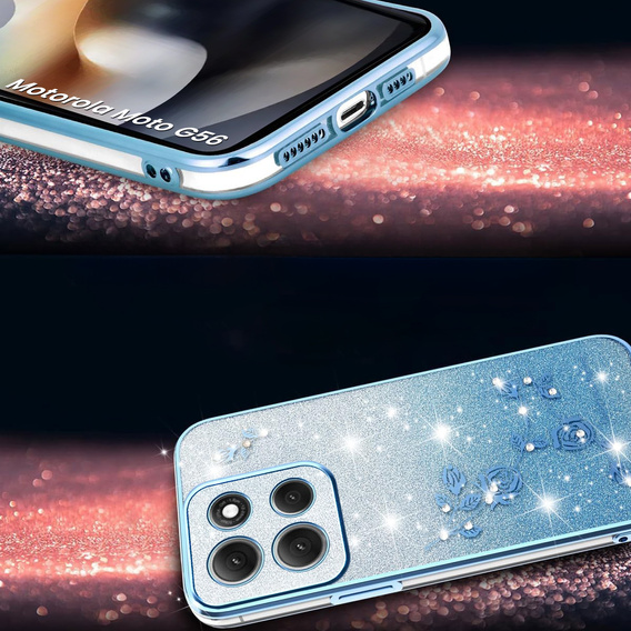 Husă pentru Motorola Moto G56 5G, Glitter Flower, albastru