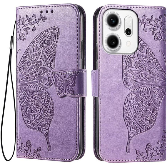 Carcasă cu clapetă pentru Oppo Reno 14, Butterfly, portofel, violet