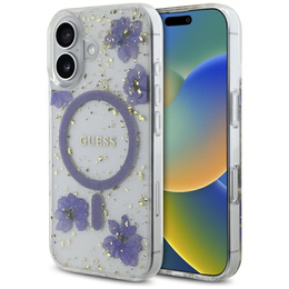 Husă GUESS HC MagSafe din rășină cu flori și sclipici pentru iPhone 16