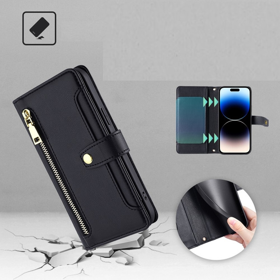 Cu clapetă pentru iPhone 14 Pro, Wallet Zipper Pocket, negru